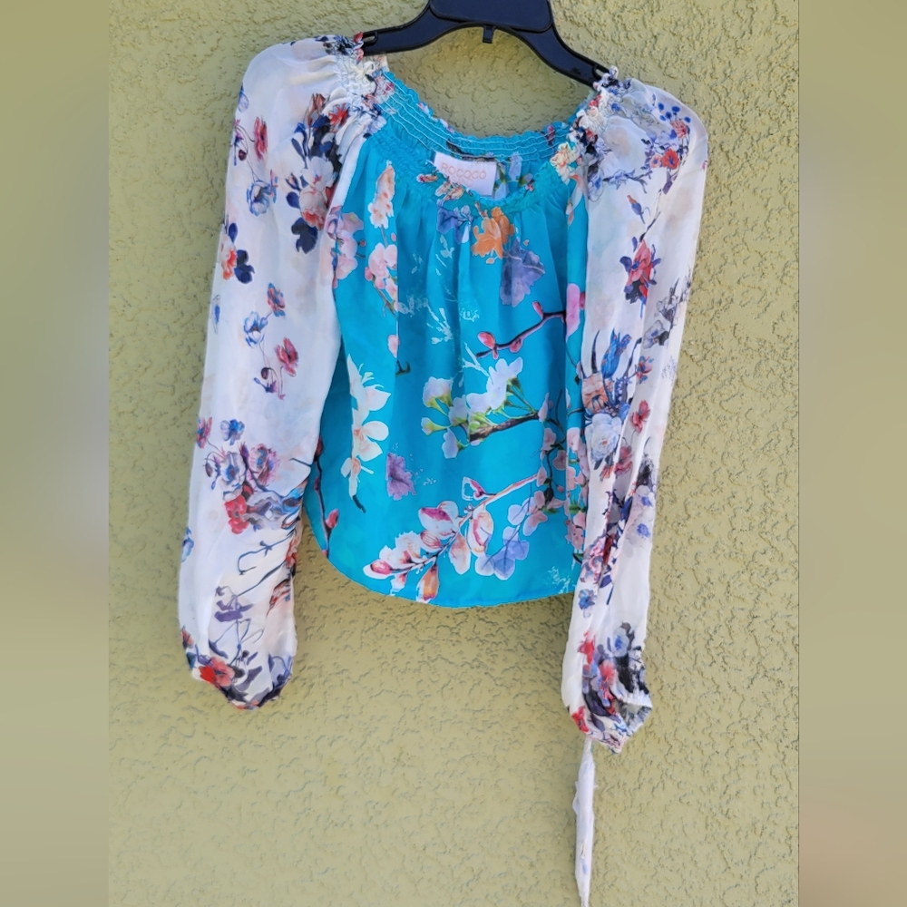 NWT Rococo Sand Bella Off Shoulder Blue White Floral Blouse 100% Silk